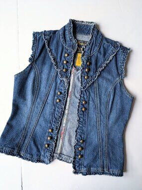 Star Jeans Trendy Denim Vest with Decorative Gold Buttons and Ruffle Trim
